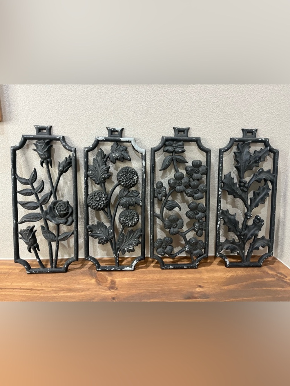 4 RARE VINTAGE SEXTON FLORAL CAST METAL wrought iron WALL ART Seasons FLOWERS